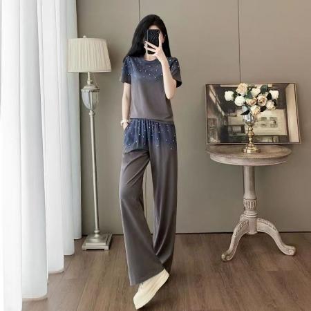 BY12039# 渐变色钉珠休闲运动套装女夏季减龄一整套穿搭简约时尚洋气两件套 服裝批發女裝批發服飾貨源