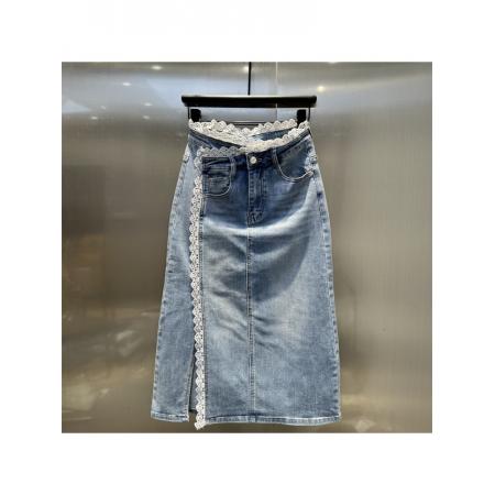 蕾丝花边拼接设计开叉牛仔长裙女夏季新款时尚减龄百搭半身裙 服裝批發女裝批發服飾貨源