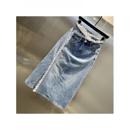 蕾丝花边拼接设计开叉牛仔长裙女夏季新款时尚减龄百搭半身裙 服裝批發女裝批發服飾貨源