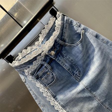 蕾丝花边拼接设计开叉牛仔长裙女夏季新款时尚减龄百搭半身裙 服裝批發女裝批發服飾貨源