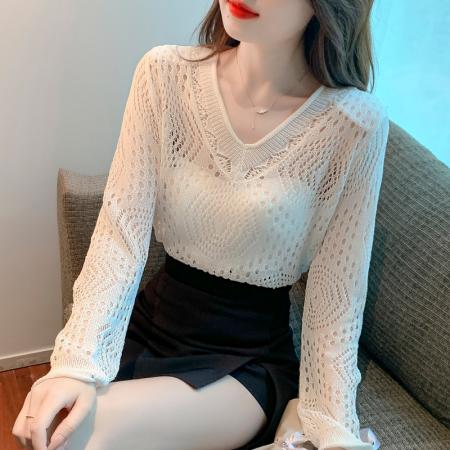 BY12042# 春季新款韩版V领套头短款长袖冰丝防晒罩衫小心机上衣女 服裝批發女裝批發服飾貨源