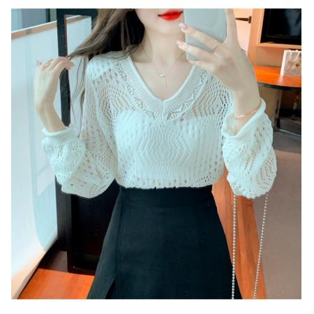 BY12042# 春季新款韩版V领套头短款长袖冰丝防晒罩衫小心机上衣女 服裝批發女裝批發服飾貨源