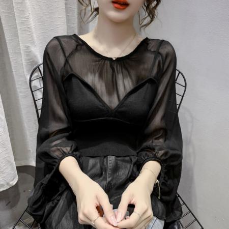 BY12043# 春季新款小吊带两件套雪纺衫优雅九分袖纯色上衣 服裝批發女裝批發服飾貨源