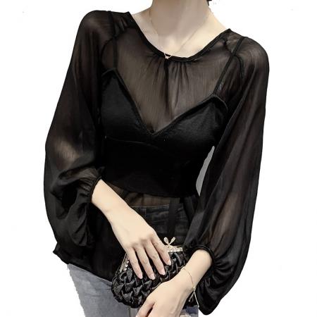 BY12043# 春季新款小吊带两件套雪纺衫优雅九分袖纯色上衣 服裝批發女裝批發服飾貨源