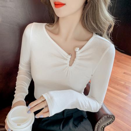 BY12044# t恤女春季新款V领网红内搭不规则紧身打底衫上衣 服裝批發女裝批發服飾貨源