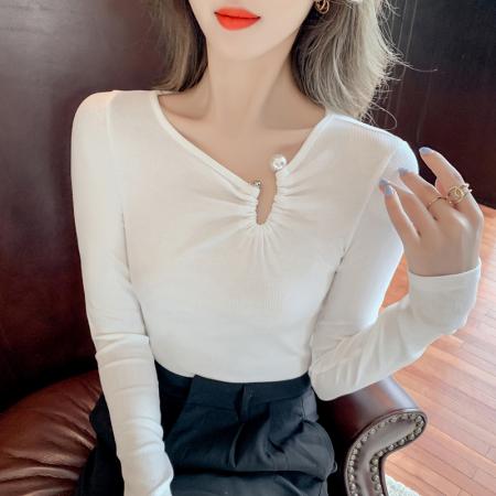 BY12044# t恤女春季新款V领网红内搭不规则紧身打底衫上衣 服裝批發女裝批發服飾貨源