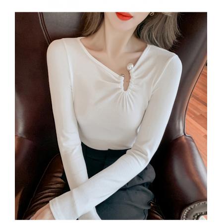 BY12044# t恤女春季新款V领网红内搭不规则紧身打底衫上衣 服裝批發女裝批發服飾貨源