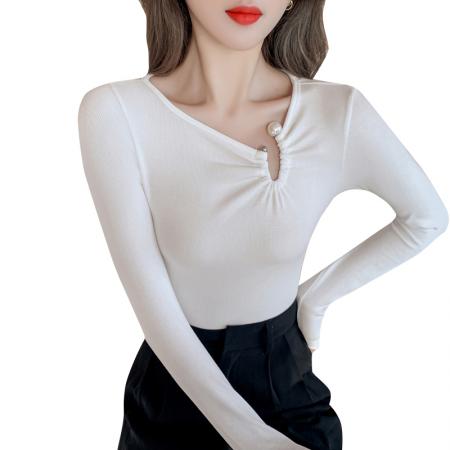 BY12044# t恤女春季新款V领网红内搭不规则紧身打底衫上衣 服裝批發女裝批發服飾貨源