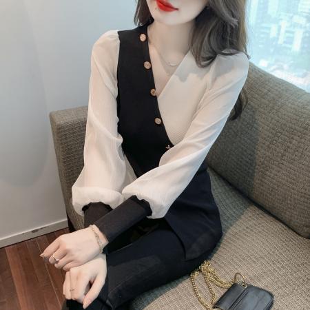 BY12045# 春季新款韩版拼接雪纺袖特色款修身打底衫针织衫 服裝批發女裝批發服飾貨源