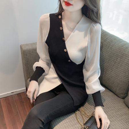 BY12045# 春季新款韩版拼接雪纺袖特色款修身打底衫针织衫 服裝批發女裝批發服飾貨源