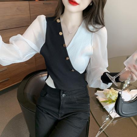 BY12045# 春季新款韩版拼接雪纺袖特色款修身打底衫针织衫 服裝批發女裝批發服飾貨源