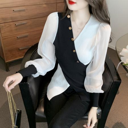 BY12045# 春季新款韩版拼接雪纺袖特色款修身打底衫针织衫 服裝批發女裝批發服飾貨源