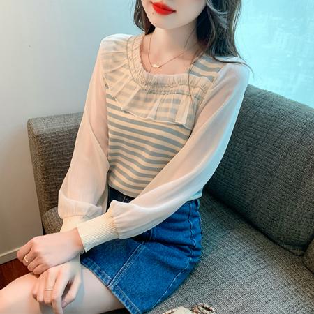 BY12046# 春季法式高级感撞色条纹荷叶边拼接针织衫温柔减龄百搭 服裝批發女裝批發服飾貨源