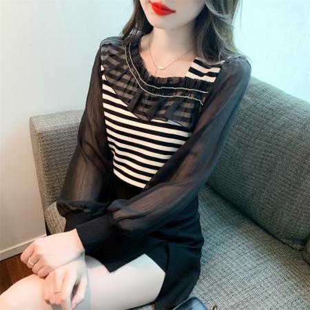 BY12046# 春季法式高级感撞色条纹荷叶边拼接针织衫温柔减龄百搭 服裝批發女裝批發服飾貨源