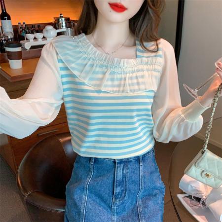 BY12046# 春季法式高级感撞色条纹荷叶边拼接针织衫温柔减龄百搭 服裝批發女裝批發服飾貨源