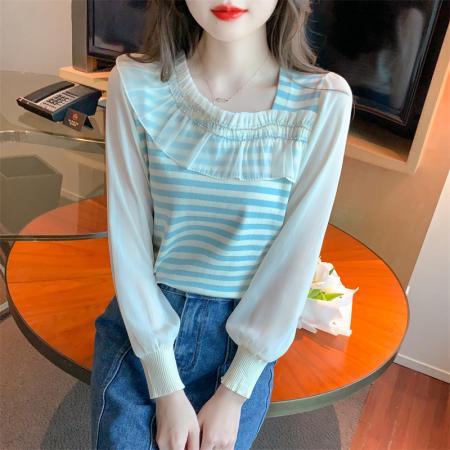 BY12046# 春季法式高级感撞色条纹荷叶边拼接针织衫温柔减龄百搭 服裝批發女裝批發服飾貨源
