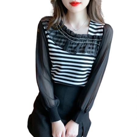 BY12046# 春季法式高级感撞色条纹荷叶边拼接针织衫温柔减龄百搭 服裝批發女裝批發服飾貨源