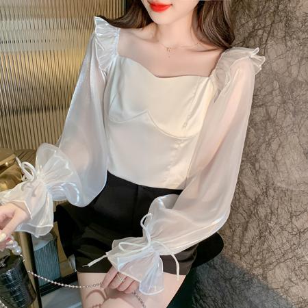 BY12047# 轻奢设计感小众春季新款长袖拼接雪纺衬衫女百搭上衣 服裝批發女裝批發服飾貨源