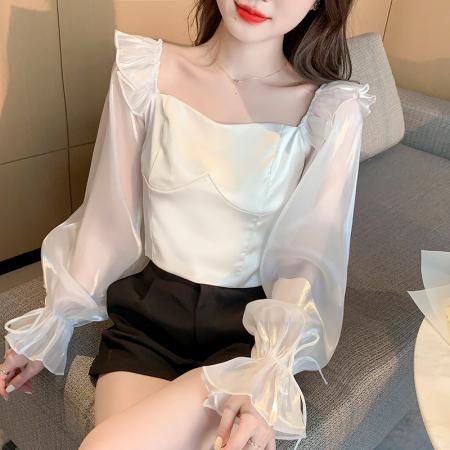 BY12047# 轻奢设计感小众春季新款长袖拼接雪纺衬衫女百搭上衣 服裝批發女裝批發服飾貨源