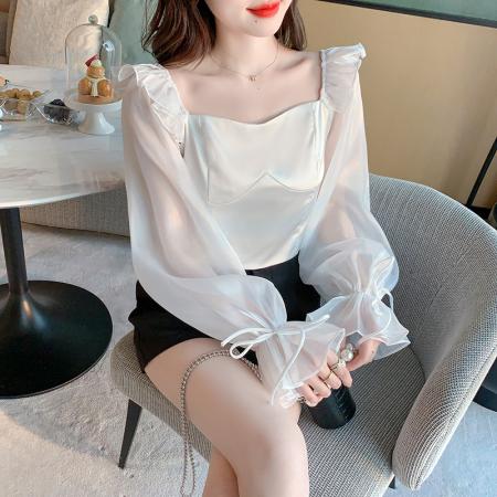 BY12047# 轻奢设计感小众春季新款长袖拼接雪纺衬衫女百搭上衣 服裝批發女裝批發服飾貨源