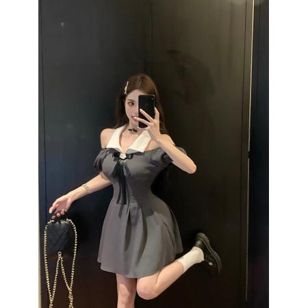 BY12048# 拼色甜辣妹连衣裙女夏季收腰气质设计感复古显瘦短裙 服裝批發女裝批發服飾貨源