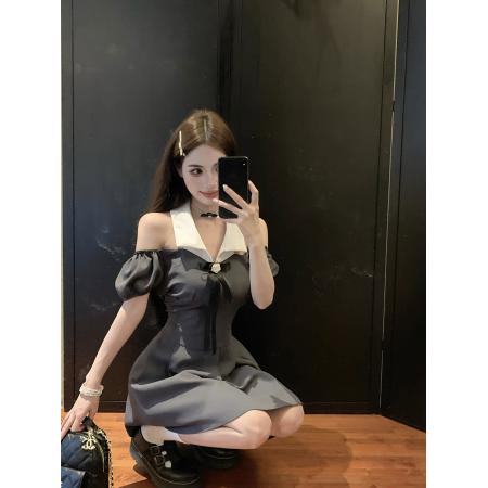 BY12048# 拼色甜辣妹连衣裙女夏季收腰气质设计感复古显瘦短裙 服裝批發女裝批發服飾貨源