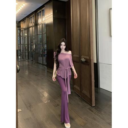 BY12049# 纯欲辣妹前后两穿休闲套装女气质修身短袖上衣微喇裤潮 服裝批發女裝批發服飾貨源