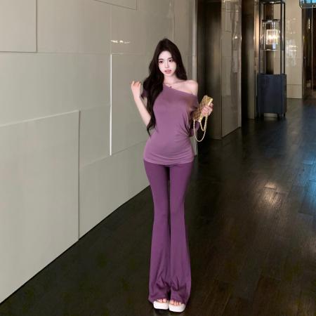 BY12049# 纯欲辣妹前后两穿休闲套装女气质修身短袖上衣微喇裤潮 服裝批發女裝批發服飾貨源