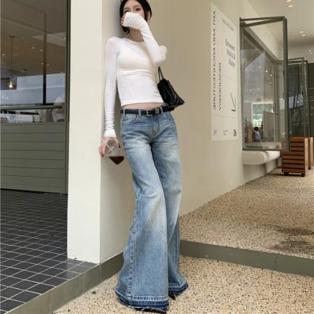 美式辣妹风水洗微喇裤牛仔裤女春秋季显瘦阔腿长裤潮 服裝批發女裝批發服飾貨源