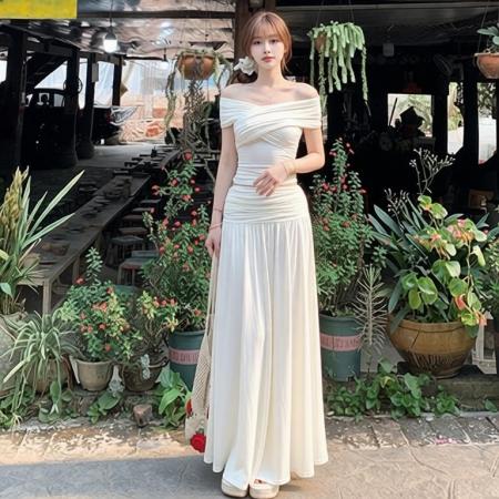 BY12053# 白色一字肩连衣裙子女夏季新款清纯白月光穿搭长裙绝美套装裙 服裝批發女裝批發服飾貨源