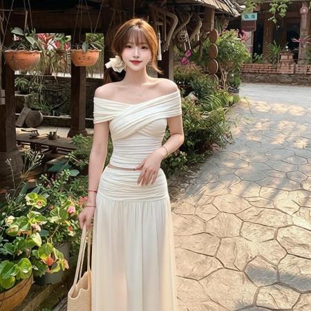 BY12053# 白色一字肩连衣裙子女夏季新款清纯白月光穿搭长裙绝美套装裙 服裝批發女裝批發服飾貨源