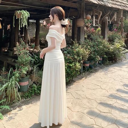 BY12053# 白色一字肩连衣裙子女夏季新款清纯白月光穿搭长裙绝美套装裙 服裝批發女裝批發服飾貨源