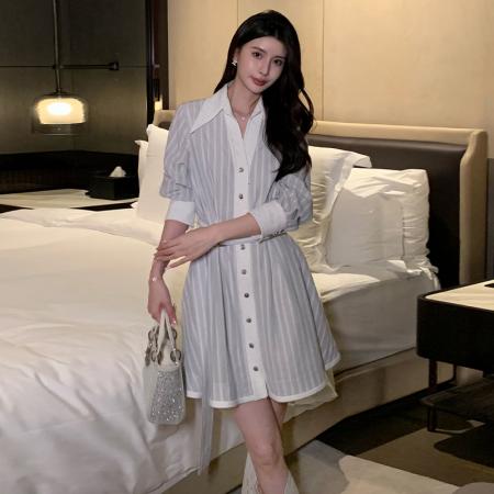 BY12054# 淡人高智穿搭蓝色法式连衣裙女条纹长袖早秋新款衬衫裙 服裝批發女裝批發服飾貨源
