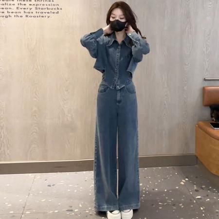 BY12057# 韩版时尚潮流百搭显瘦长袖上衣+阔腿裤牛仔两件套女 服裝批發女裝批發服飾貨源