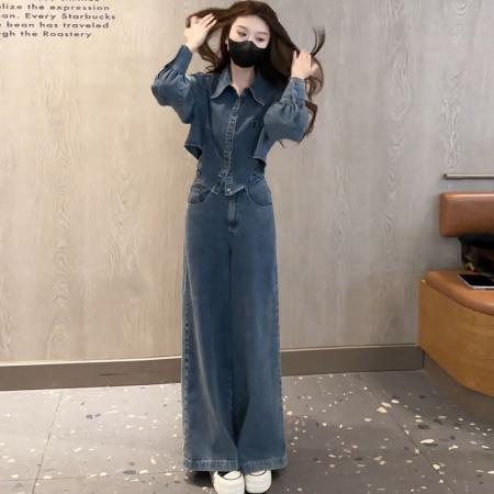 BY12057# 韩版时尚潮流百搭显瘦长袖上衣+阔腿裤牛仔两件套女 服裝批發女裝批發服飾貨源