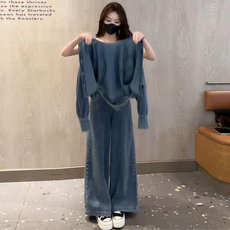 BY12057# 韩版时尚潮流百搭显瘦长袖上衣+阔腿裤牛仔两件套女 服裝批發女裝批發服飾貨源