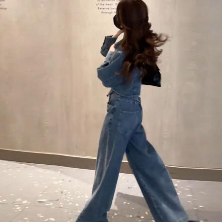 BY12057# 韩版时尚潮流百搭显瘦长袖上衣+阔腿裤牛仔两件套女 服裝批發女裝批發服飾貨源
