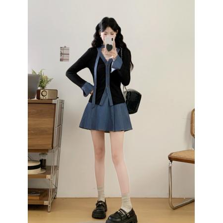 BY12059# 设计感牛仔拼接时尚法式高级感开衫半身短裙两件套 服裝批發女裝批發服飾貨源