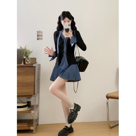BY12059# 设计感牛仔拼接时尚法式高级感开衫半身短裙两件套 服裝批發女裝批發服飾貨源