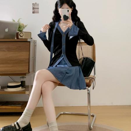 BY12059# 设计感牛仔拼接时尚法式高级感开衫半身短裙两件套 服裝批發女裝批發服飾貨源