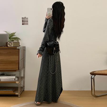 BY12060# 大码女装春季新款胖mm韩版条纹减龄不规则下摆长款连衣裙 服裝批發女裝批發服飾貨源