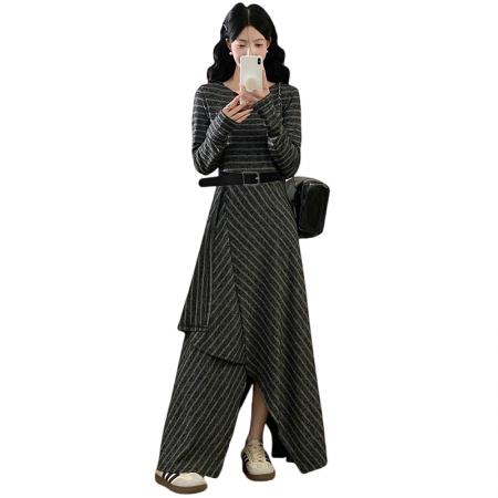 BY12060# 大码女装春季新款胖mm韩版条纹减龄不规则下摆长款连衣裙 服裝批發女裝批發服飾貨源