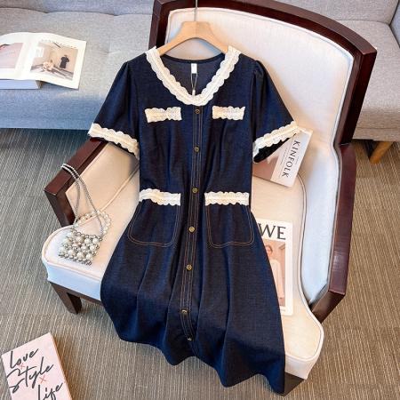 大码女装夏季新款胖mm时尚减龄花边拼接仿牛仔显瘦连衣裙 服裝批發女裝批發服飾貨源