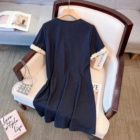 大码女装夏季新款胖mm时尚减龄花边拼接仿牛仔显瘦连衣裙 服裝批發女裝批發服飾貨源