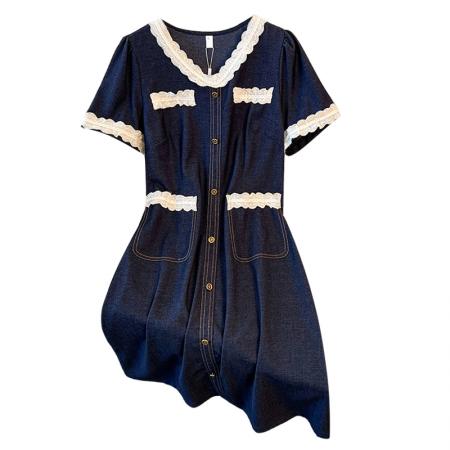 大码女装夏季新款胖mm时尚减龄花边拼接仿牛仔显瘦连衣裙 服裝批發女裝批發服飾貨源