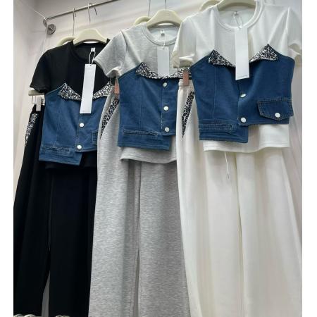 BY12063# 欧货时尚设计假两件拼接牛仔短袖上衣+高腰显瘦直筒阔腿裤两件套 服裝批發女裝批發服飾貨源