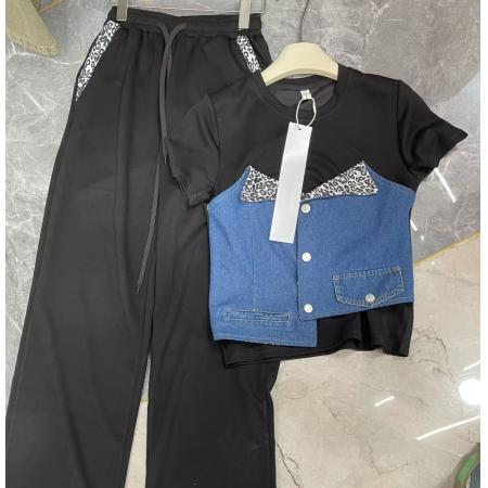 BY12063# 欧货时尚设计假两件拼接牛仔短袖上衣+高腰显瘦直筒阔腿裤两件套 服裝批發女裝批發服飾貨源