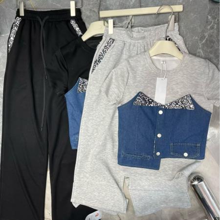 BY12063# 欧货时尚设计假两件拼接牛仔短袖上衣+高腰显瘦直筒阔腿裤两件套 服裝批發女裝批發服飾貨源