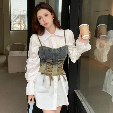 BY12064# 时尚绑带设计感甜酷复古牛仔吊带背心减龄显瘦衬衫两件套装女 服裝批發女裝批發服飾貨源