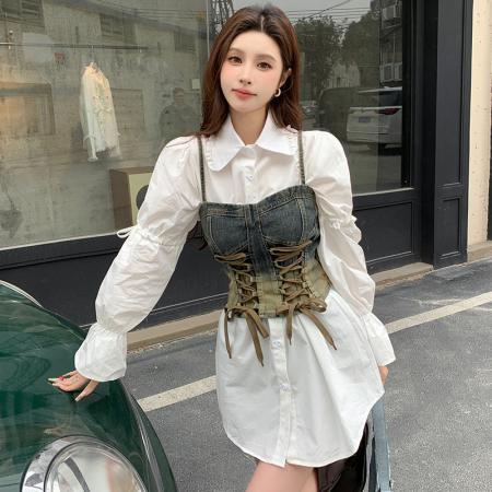 BY12064# 时尚绑带设计感甜酷复古牛仔吊带背心减龄显瘦衬衫两件套装女 服裝批發女裝批發服飾貨源